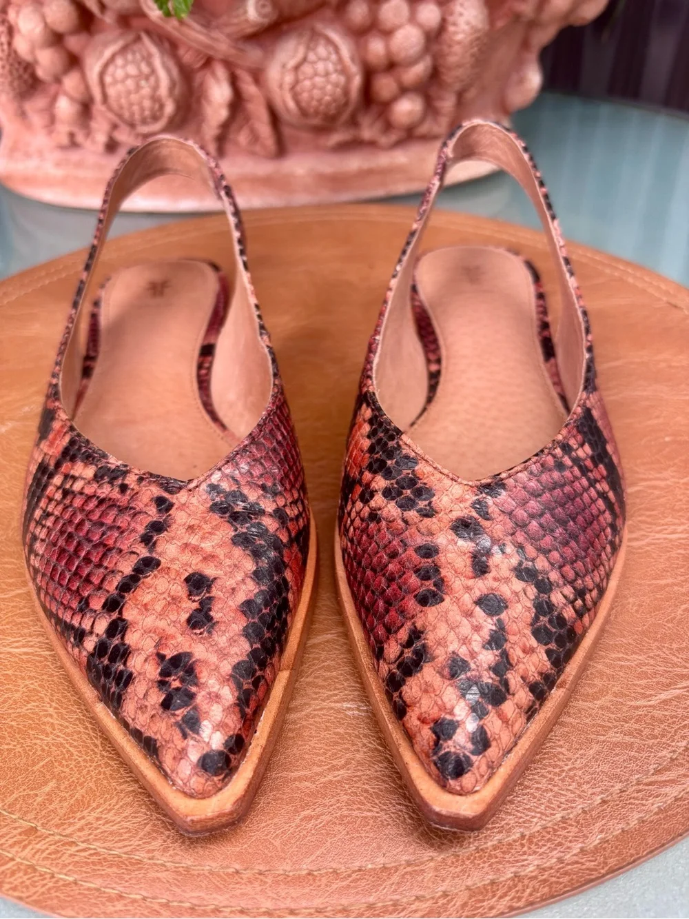 Frye Slingback Leather Snakeprint Flats Like New